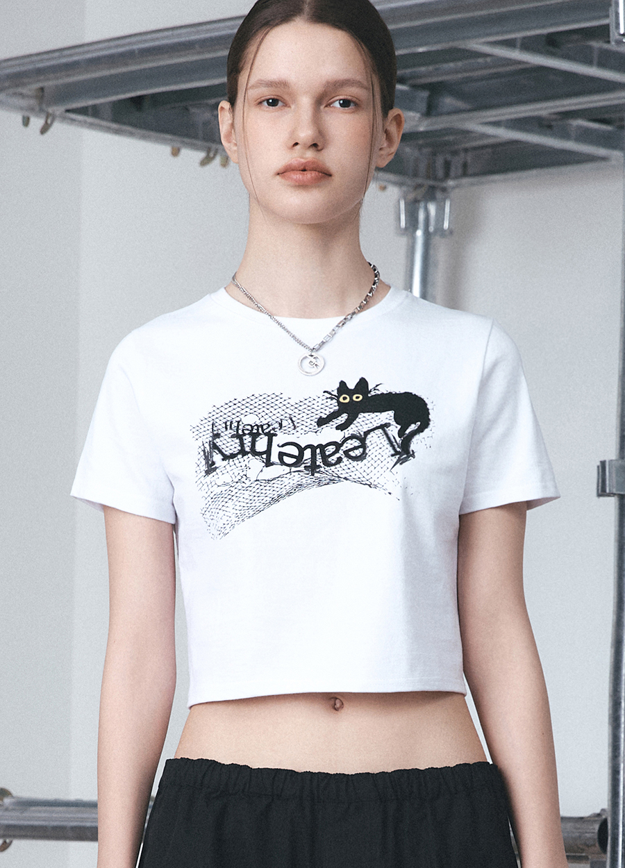 Naughty Cat Crop T-shirt [WHITE]